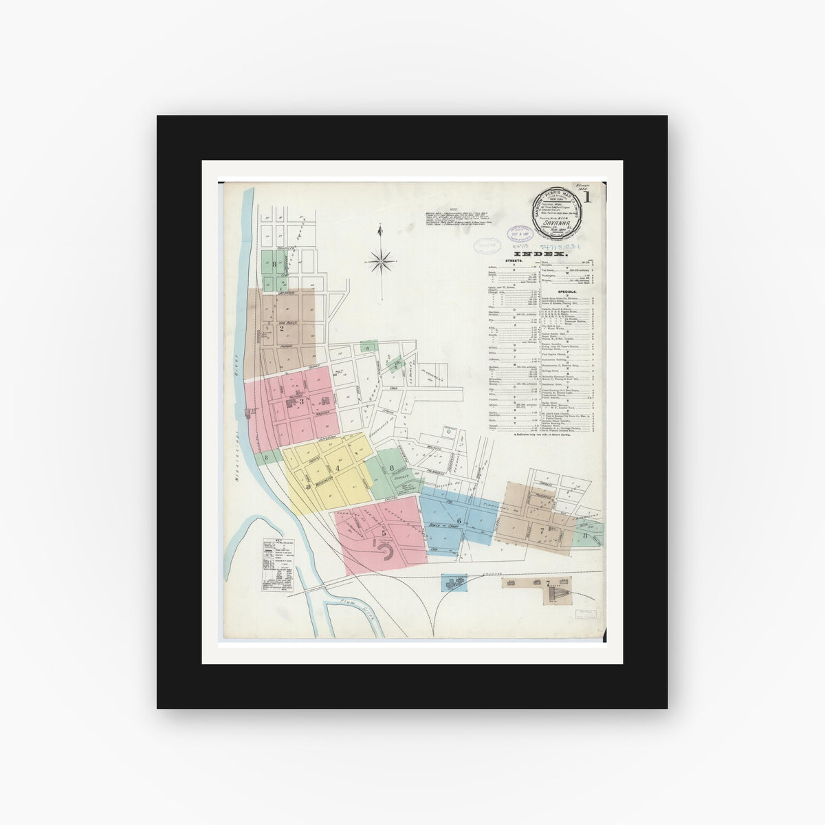 Old map wall art mockup — black gallery frame with white mat — Sanborn Fire Insurance Map from Savanna, Carroll County, Illinois (1897) - Complete Map Set