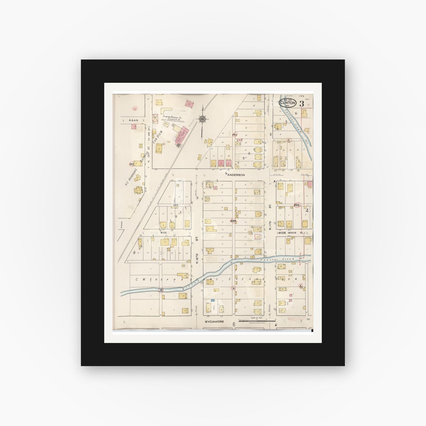Old map wall art mockup — black gallery frame with white mat — Sanborn Fire Insurance Map from Clinton, Vermillion County, Indiana (1947), Sheet #0003