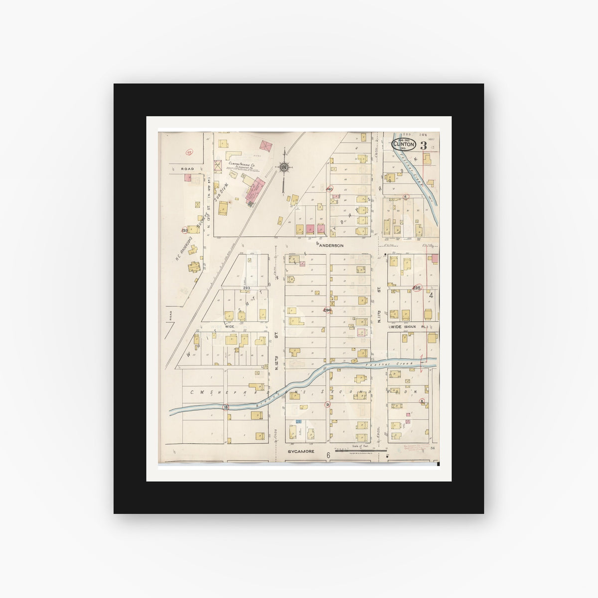 Old map wall art mockup — black gallery frame with white mat — Sanborn Fire Insurance Map from Clinton, Vermillion County, Indiana (1947), Sheet #0003