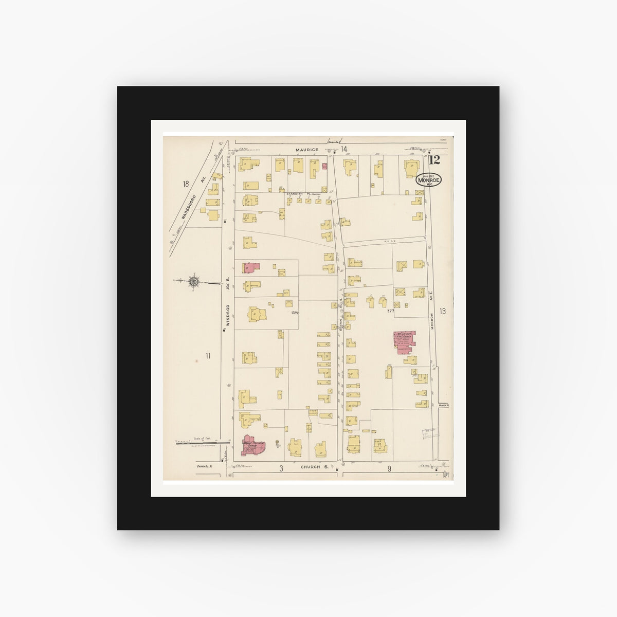Old map wall art mockup — black gallery frame with white mat — Sanborn Fire Insurance Map from Monroe, Union County, North Carolina (1922), Sheet #0012