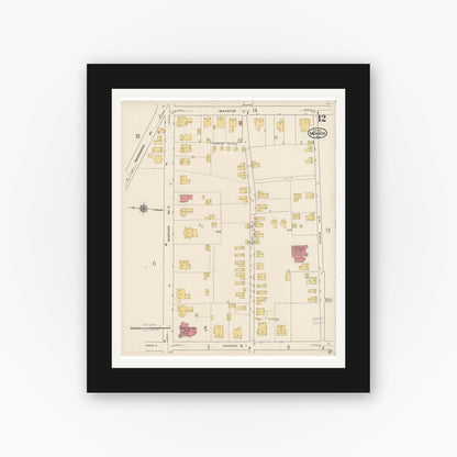 Old map wall art mockup — black gallery frame with white mat — Sanborn Fire Insurance Map from Monroe, Union County, North Carolina (1922), Sheet #0012