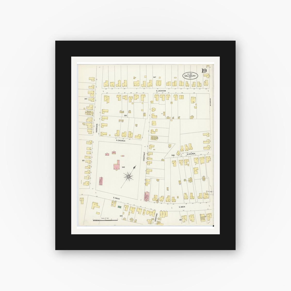 Old map wall art mockup — black gallery frame with white mat — Sanborn Fire Insurance Map from Salisbury, Rowan County, North Carolina (1907), Sheet #0019