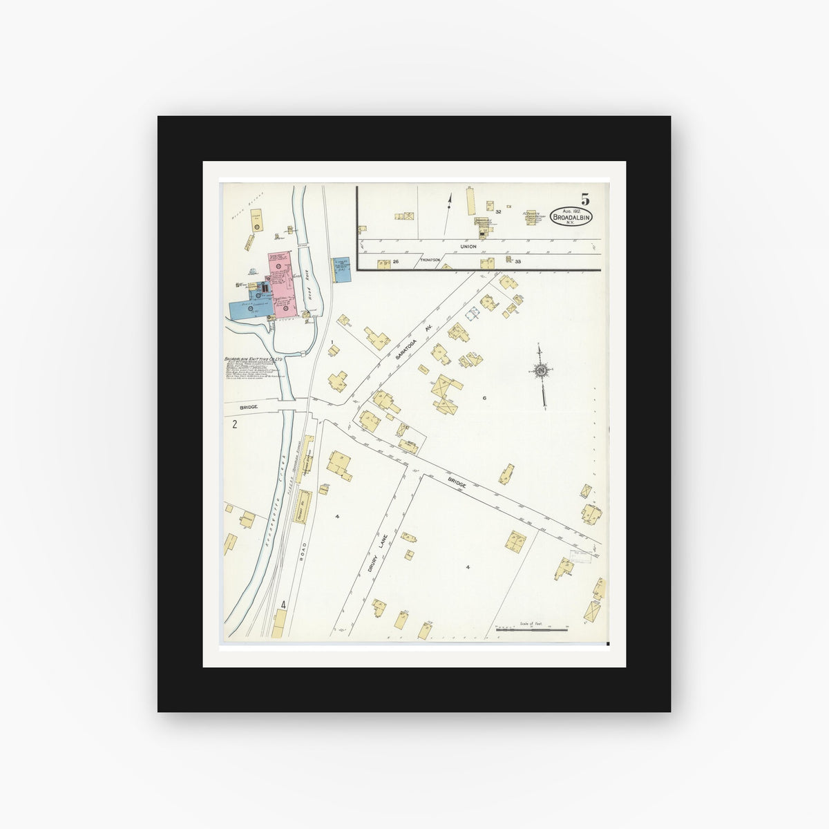 Old map wall art mockup — black gallery frame with white mat — Sanborn Fire Insurance Map from Broadalbin, Fulton County, New York (1912), Sheet #0005