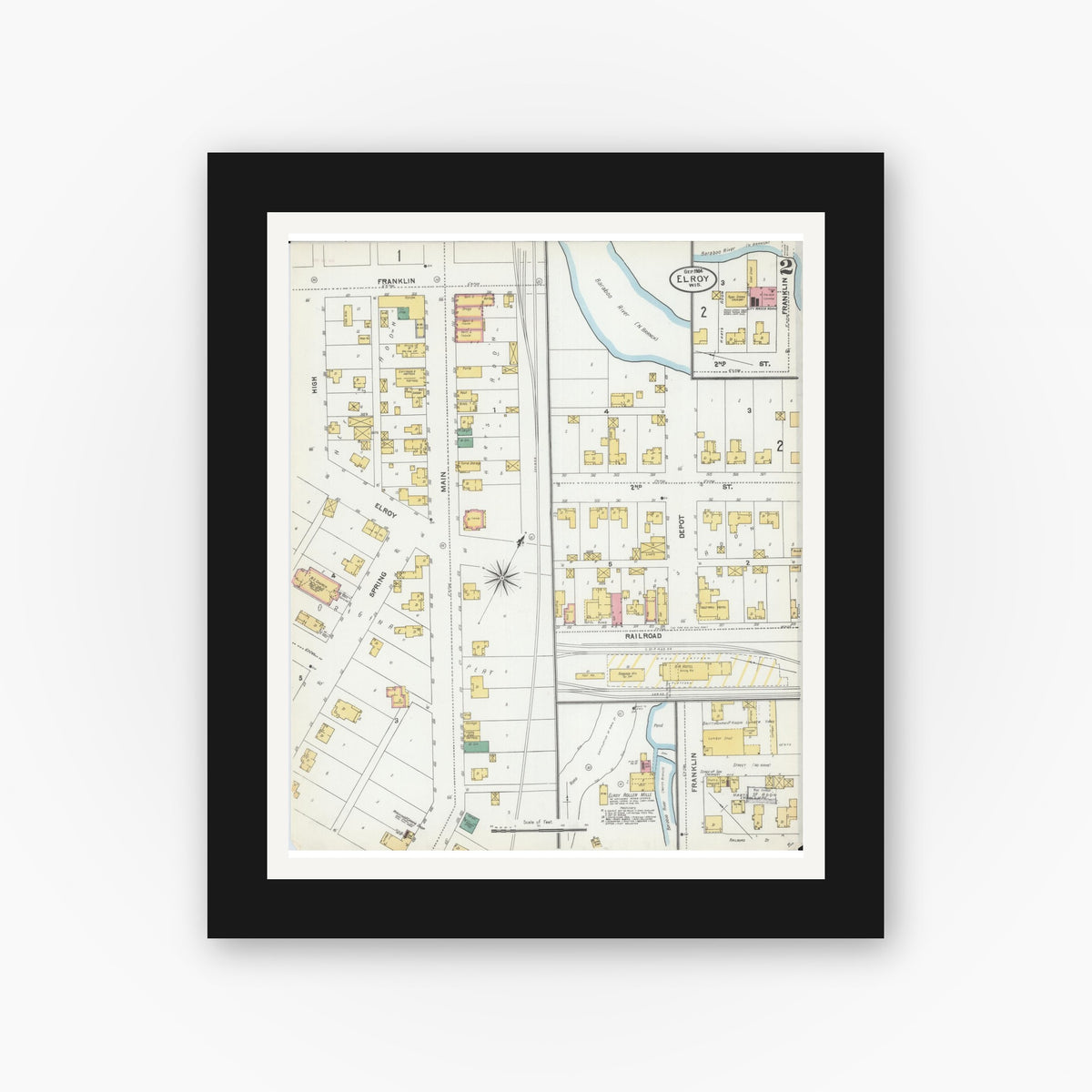 Old map wall art mockup — black gallery frame with white mat — Sanborn Fire Insurance Map from Elroy, Juneau County, Wisconsin (1904), Sheet #0002
