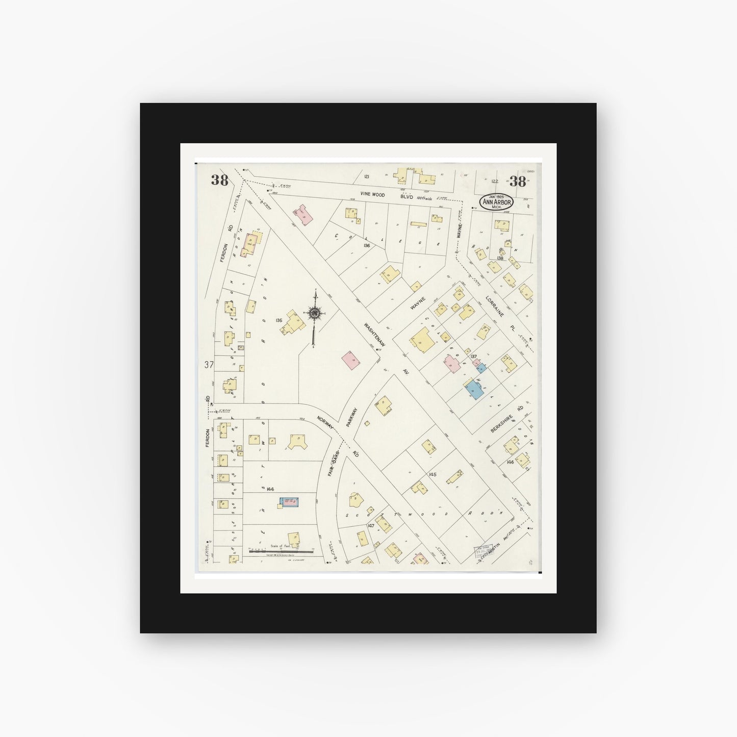 Old map wall art mockup — black gallery frame with white mat — Sanborn Fire Insurance Map from Ann Arbor, Washtenaw County, Michigan (1925), Sheet #0038