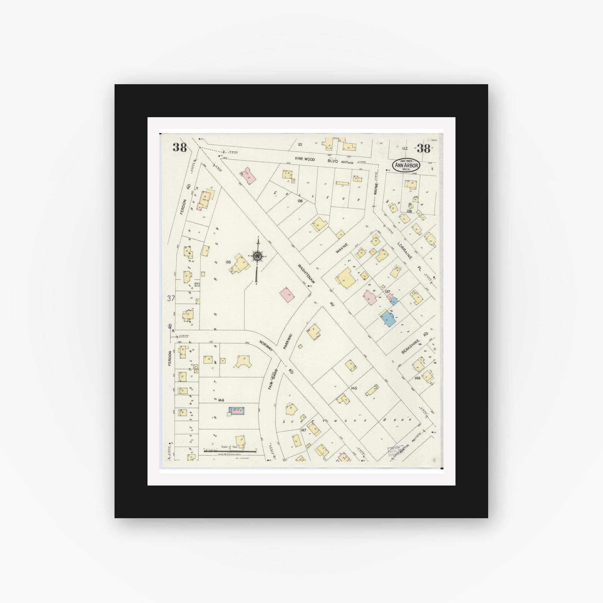 Old map wall art mockup — black gallery frame with white mat — Sanborn Fire Insurance Map from Ann Arbor, Washtenaw County, Michigan (1925), Sheet #0038