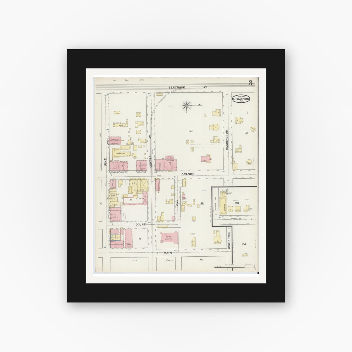 Old map wall art mockup — black gallery frame with white mat — Sanborn Fire Insurance Map from Orlando, Orange County, Florida (1892), Sheet #0003