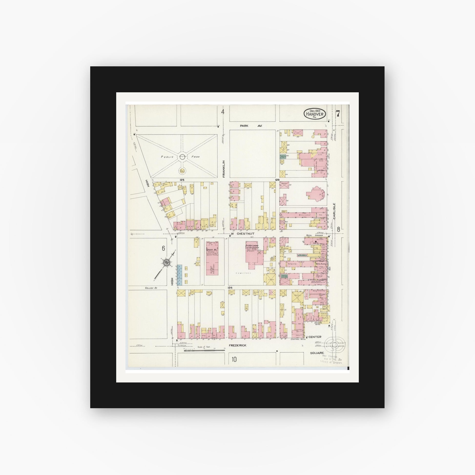 Old map wall art mockup — black gallery frame with white mat — Sanborn Fire Insurance Map from Hanover, York County, Pennsylvania (1909), Sheet #0007