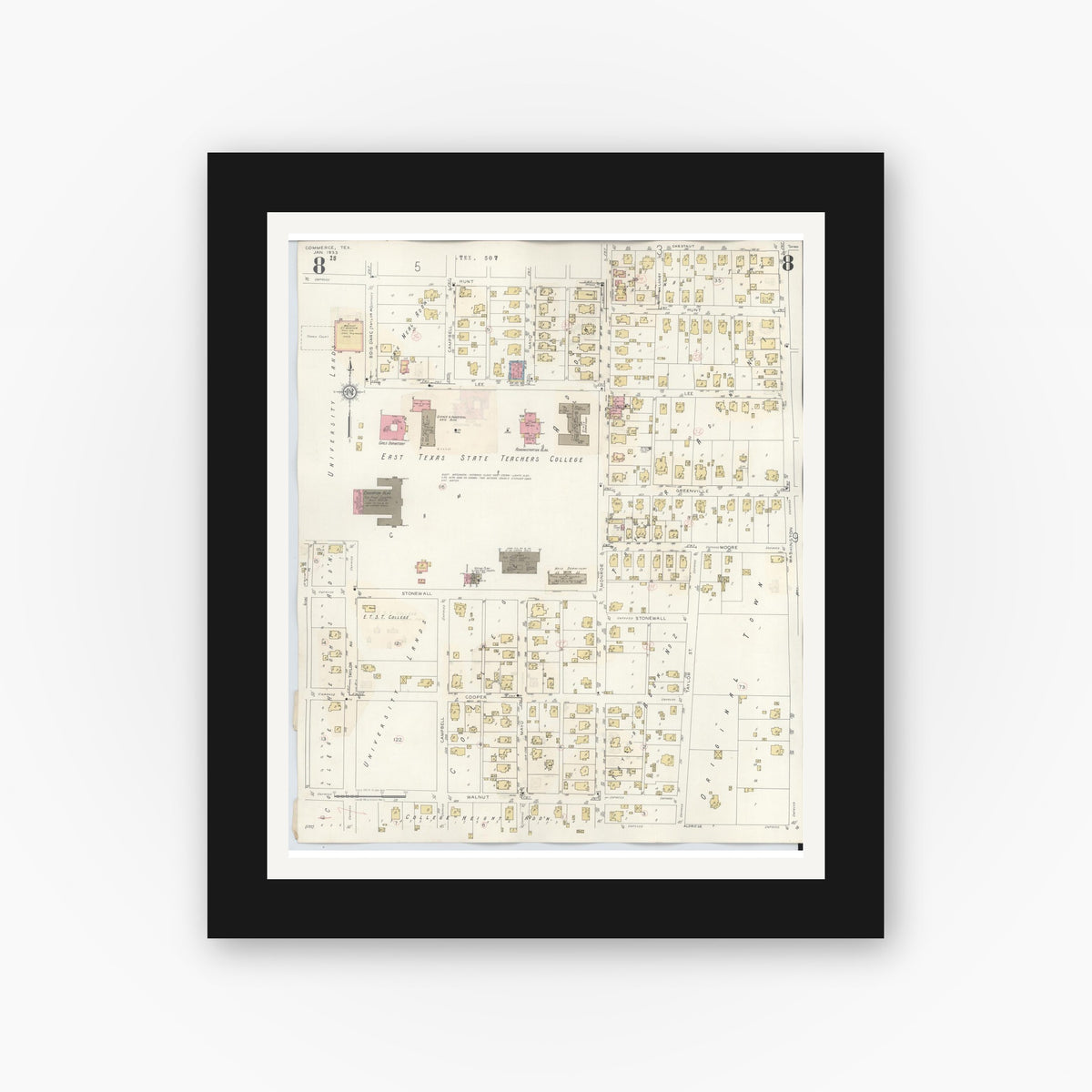 Old map wall art mockup — black gallery frame with white mat — Sanborn Fire Insurance Map from Commerce, Hunt County, Texas (1940), Sheet #0008