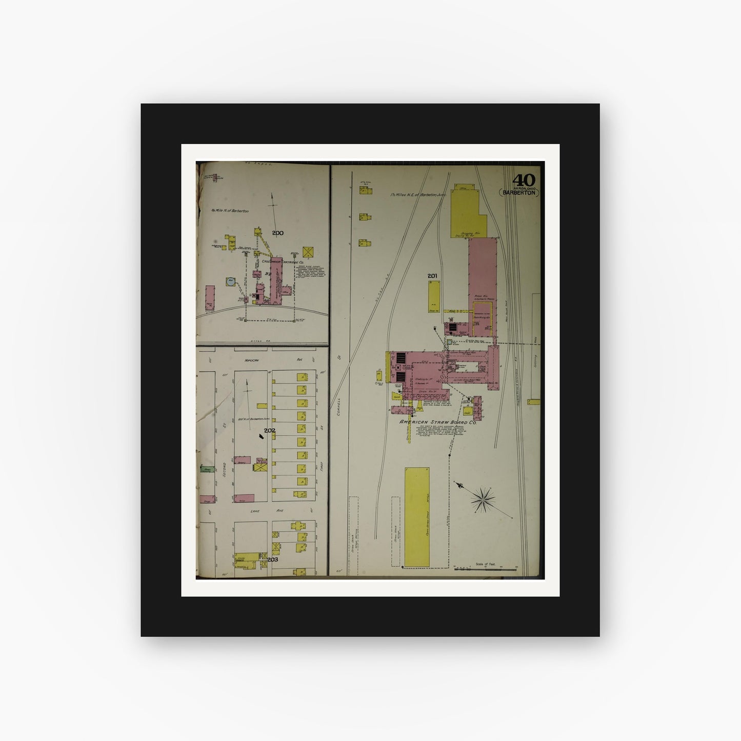 Old map wall art mockup — black gallery frame with white mat — Sanborn Fire Insurance Map from Akron, Summit County, Ohio (1892), Sheet #0040