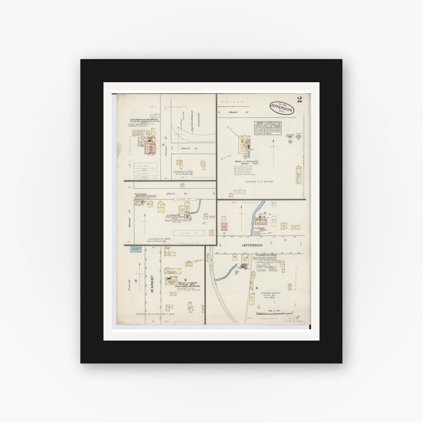 Old map wall art mockup — black gallery frame with white mat — Sanborn Fire Insurance Map from Jefferson, Ashtabula County, Ohio (1884), Sheet #0002