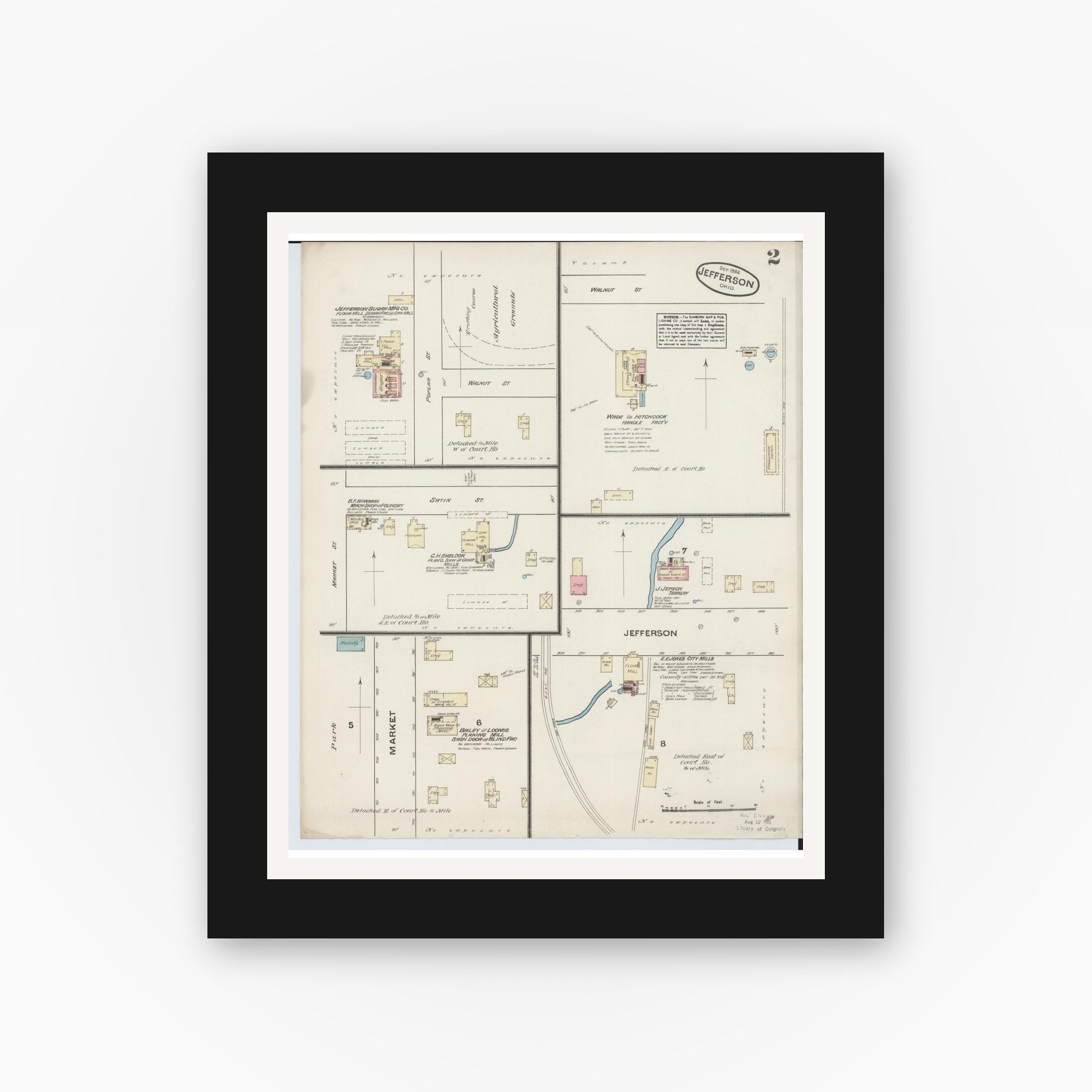 Old map wall art mockup — black gallery frame with white mat — Sanborn Fire Insurance Map from Jefferson, Ashtabula County, Ohio (1884), Sheet #0002