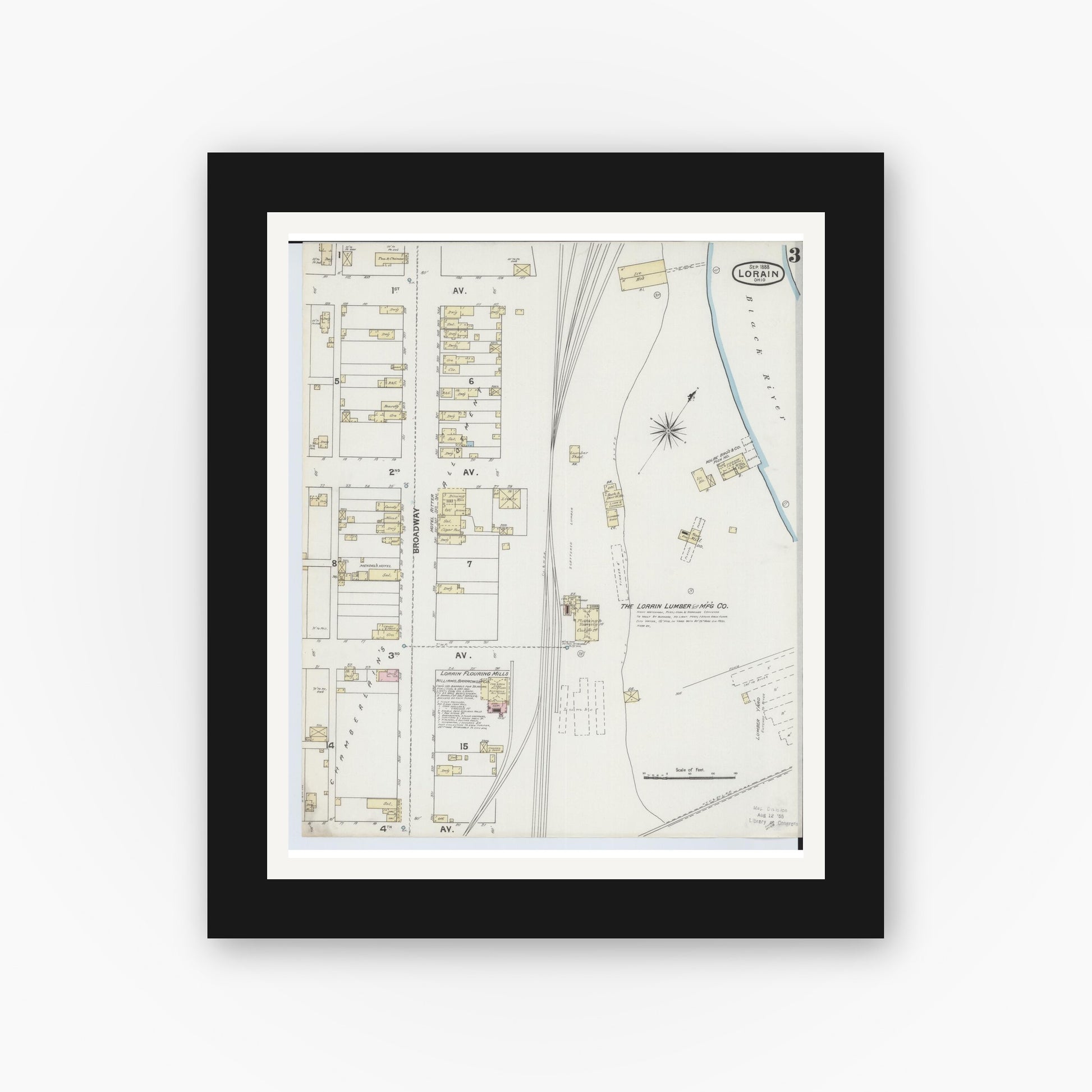 Old map wall art mockup — black gallery frame with white mat — Sanborn Fire Insurance Map from Lorain, Lorain County, Ohio (1888), Sheet #0003