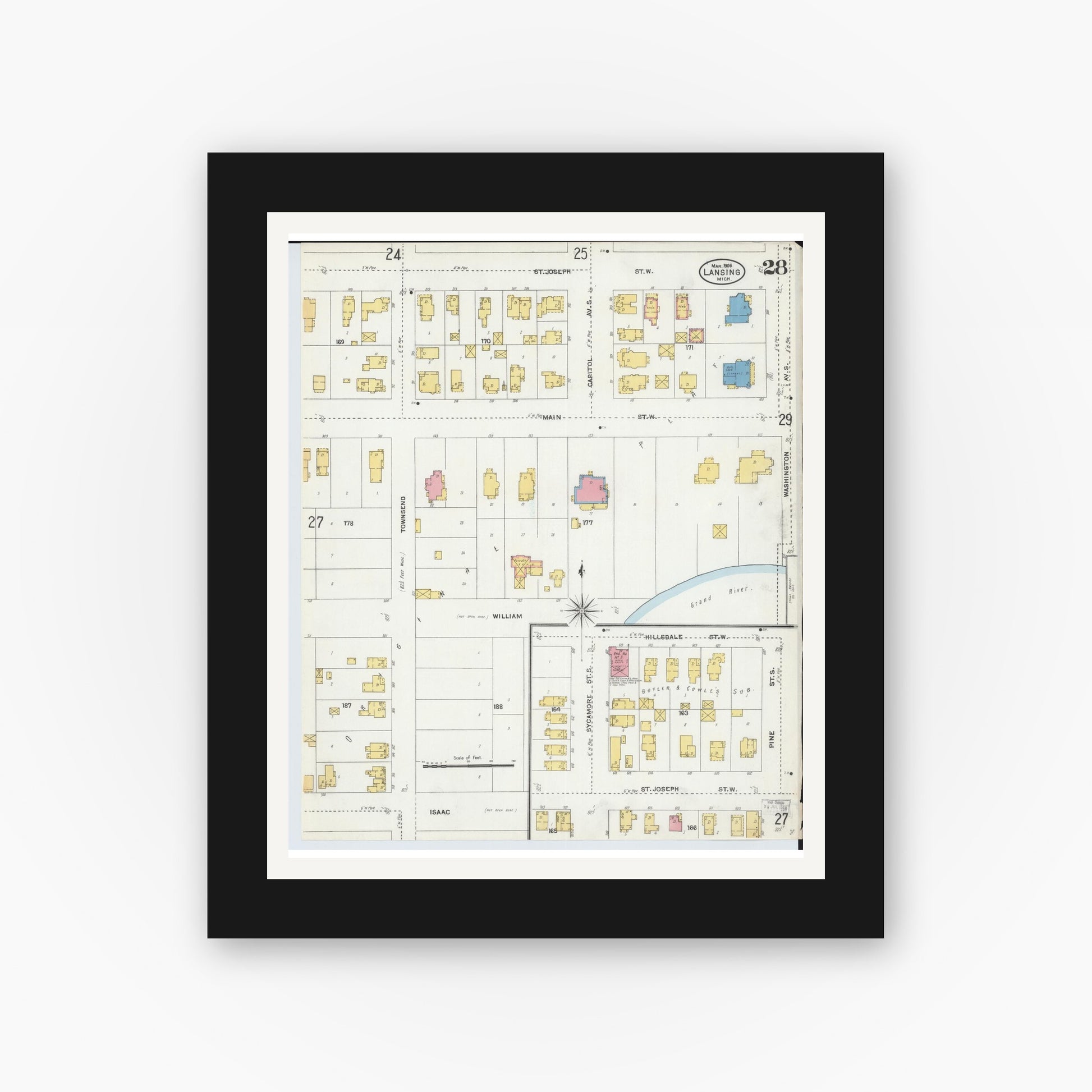 Old map wall art mockup — black gallery frame with white mat — Sanborn Fire Insurance Map from Lansing, Ingham County, Michigan (1906), Sheet #0028