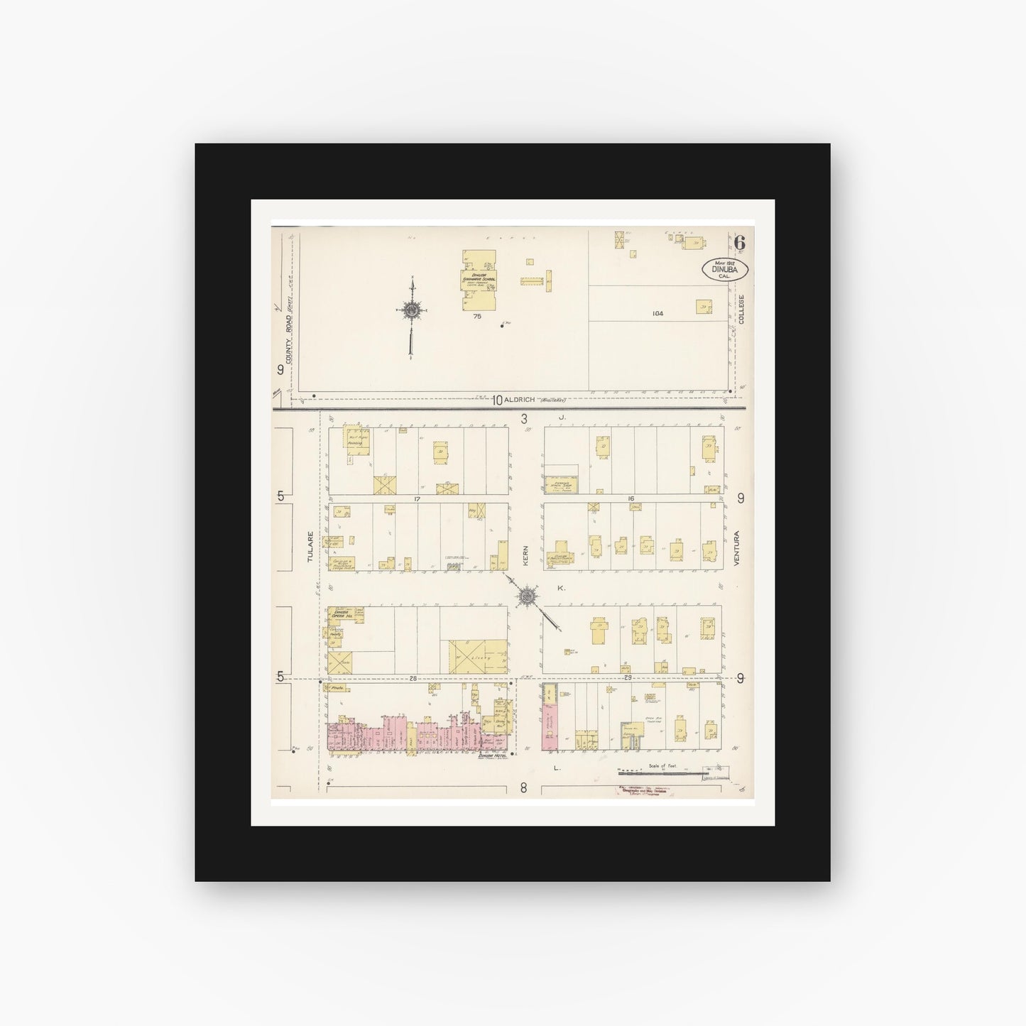 Old map wall art mockup — black gallery frame with white mat — Sanborn Fire Insurance Map from Dinuba, Tulare County, California (1912), Sheet #0006
