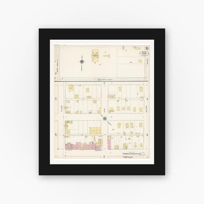 Old map wall art mockup — black gallery frame with white mat — Sanborn Fire Insurance Map from Dinuba, Tulare County, California (1912), Sheet #0006