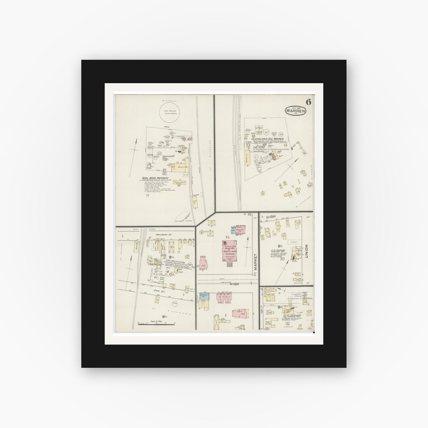 Old map wall art mockup — black gallery frame with white mat — Sanborn Fire Insurance Map from Warren, Warren County, Pennsylvania (1887), Sheet #0006