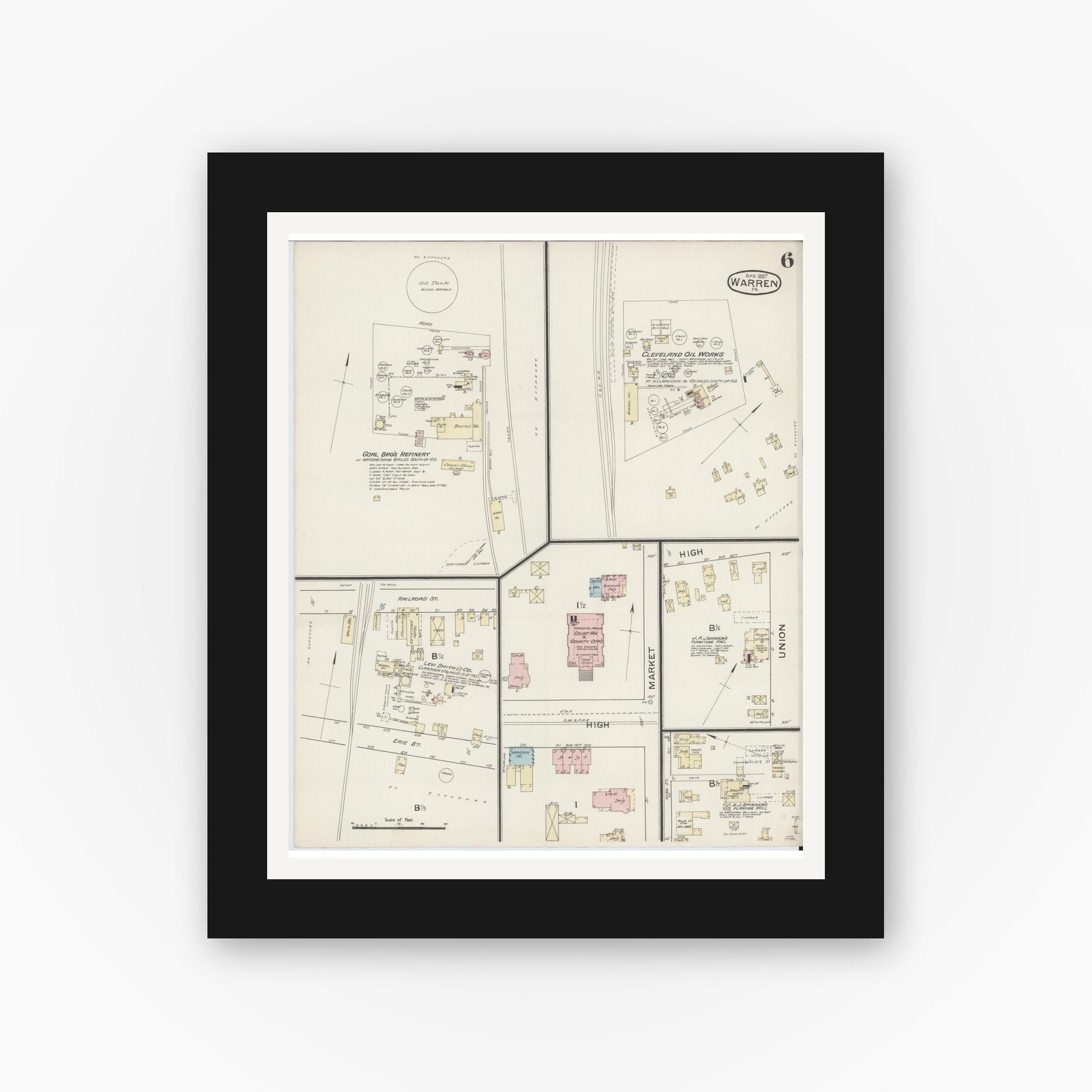 Old map wall art mockup — black gallery frame with white mat — Sanborn Fire Insurance Map from Warren, Warren County, Pennsylvania (1887), Sheet #0006