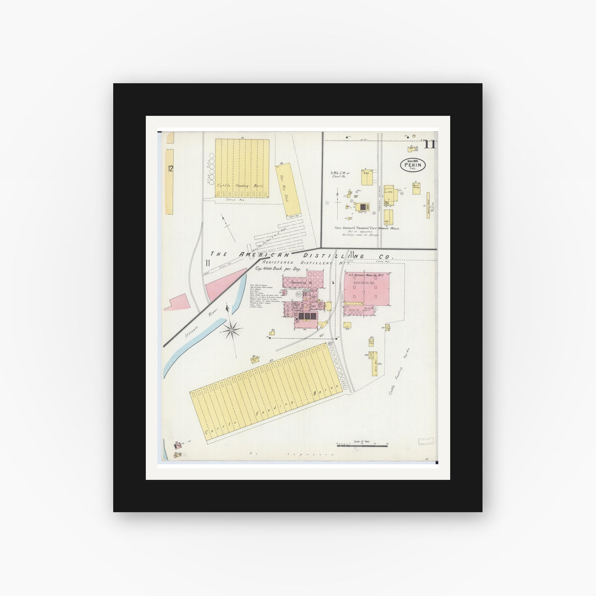 Old map wall art mockup — black gallery frame with white mat — Sanborn Fire Insurance Map from Pekin, Tazewell County, Illinois (1898), Sheet #0011