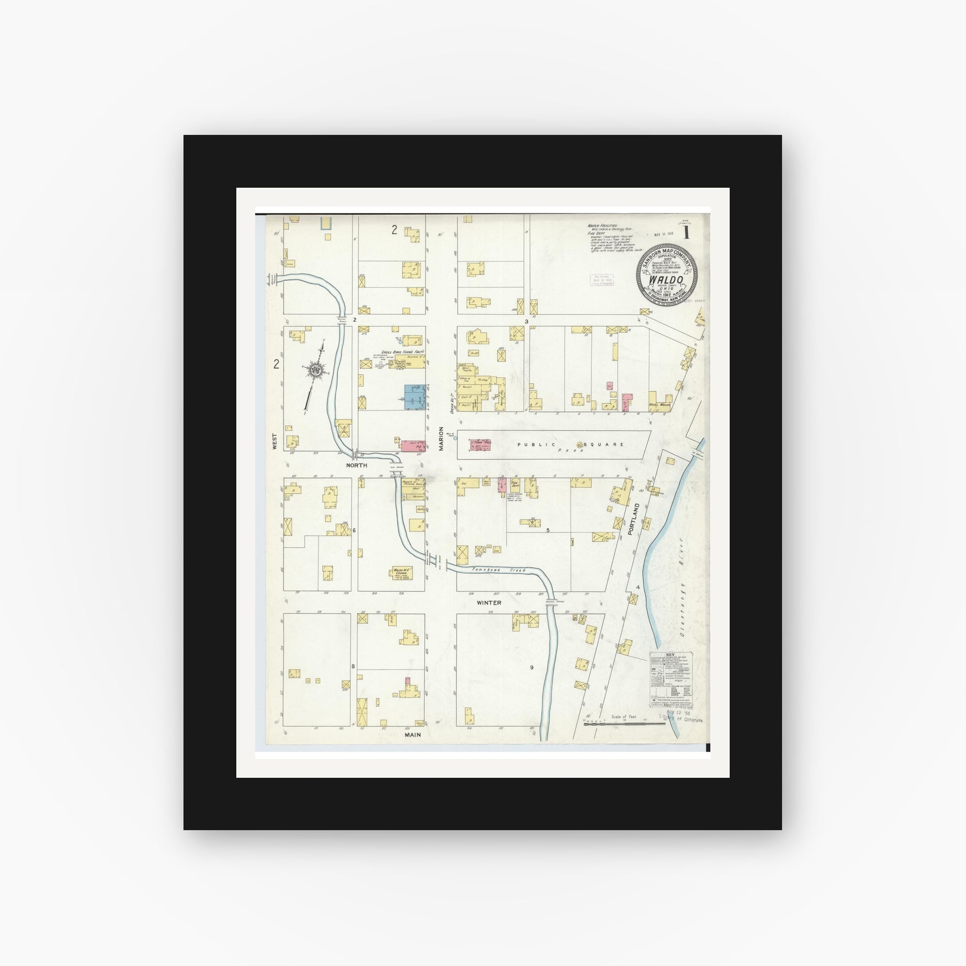 Old map wall art mockup — black gallery frame with white mat — Sanborn Fire Insurance Map from Waldo, Marion County, Ohio (1912), Sheet #0001