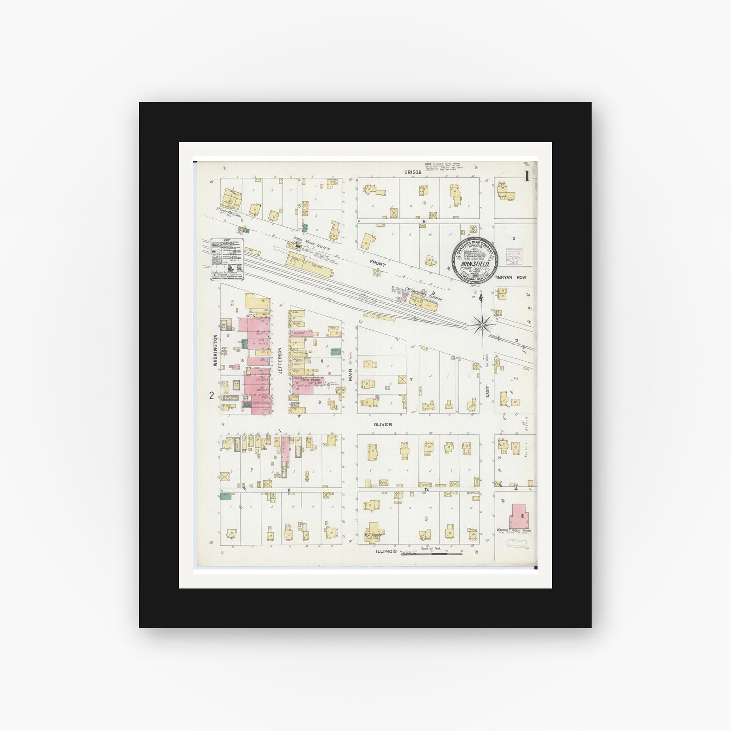 Old map wall art mockup — black gallery frame with white mat — Sanborn Fire Insurance Map from Mansfield, Piatt County, Illinois (1906), Sheet #0001
