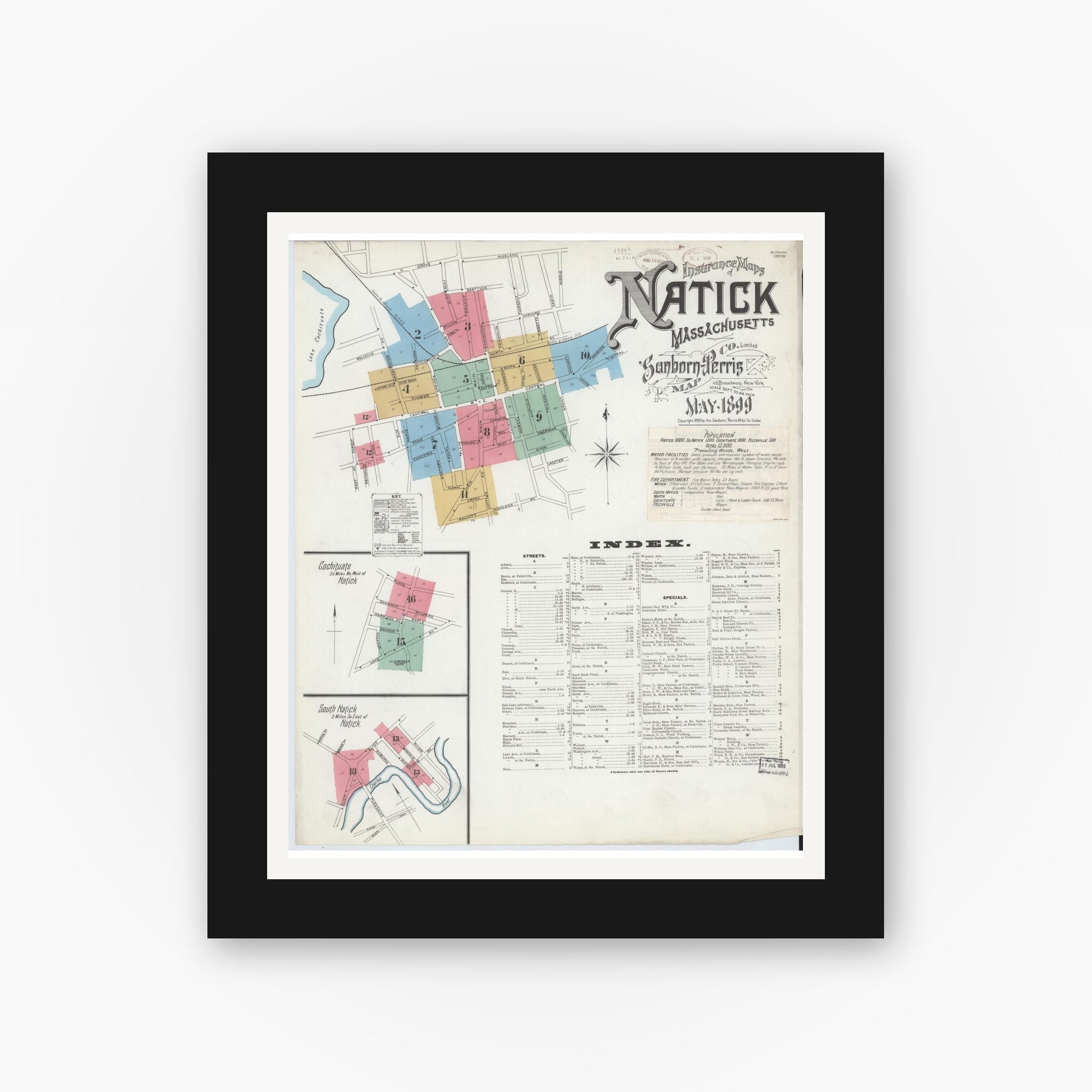 Old map wall art mockup — black gallery frame with white mat — Sanborn Fire Insurance Map from Natick, Middlesex County, Massachusetts (1899), Sheet #0001