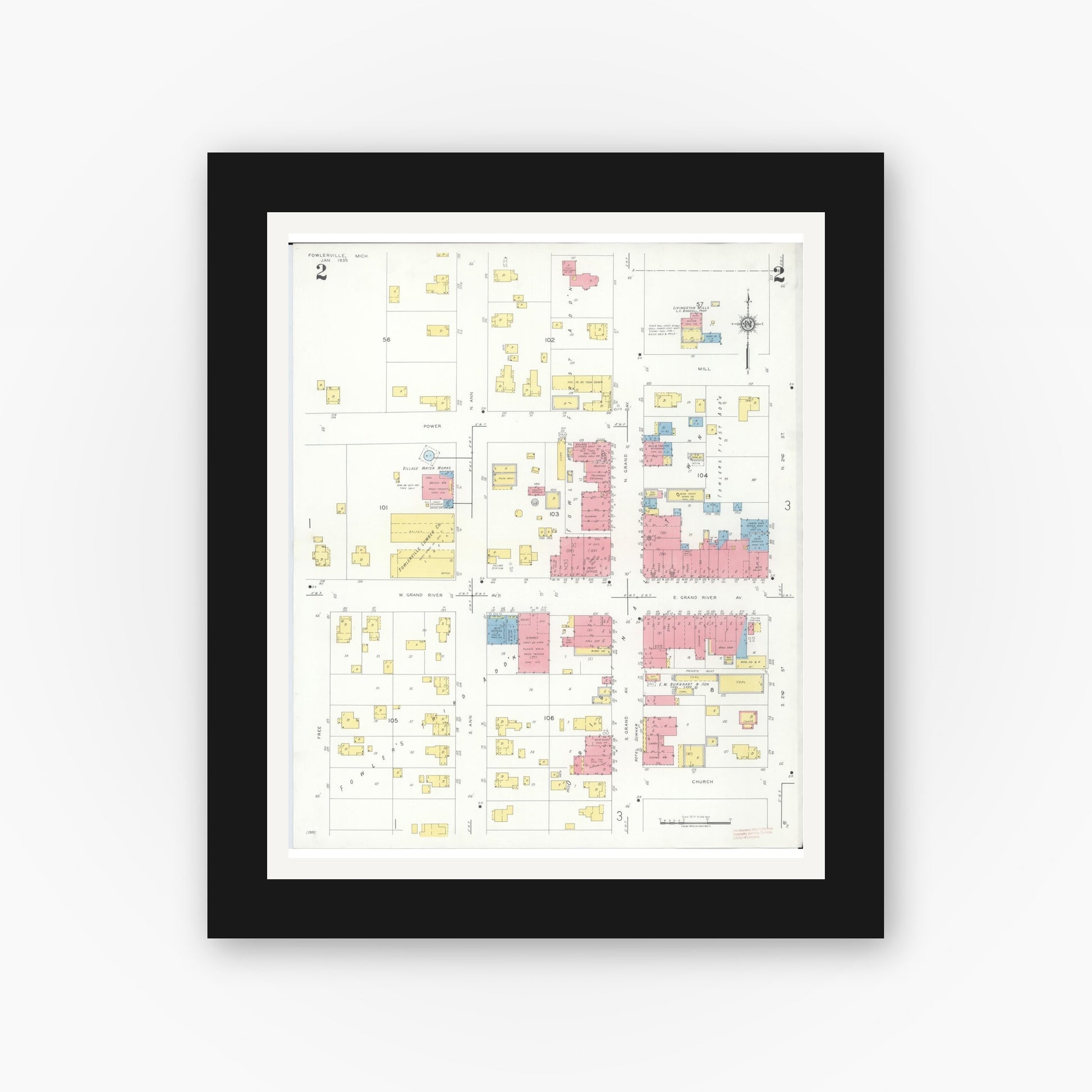 Old map wall art mockup — black gallery frame with white mat — Sanborn Fire Insurance Map from Fowlerville, Livingston County, Michigan (1935), Sheet #0002