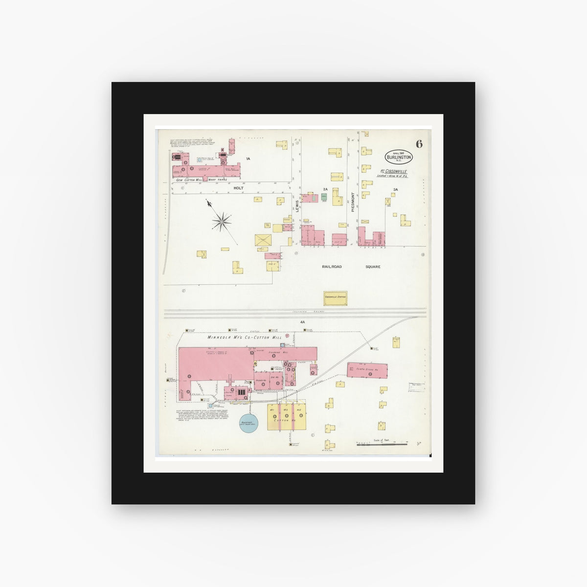 Old map wall art mockup — black gallery frame with white mat — Sanborn Fire Insurance Map from Burlington, Alamance County, North Carolina (1908), Sheet #0006