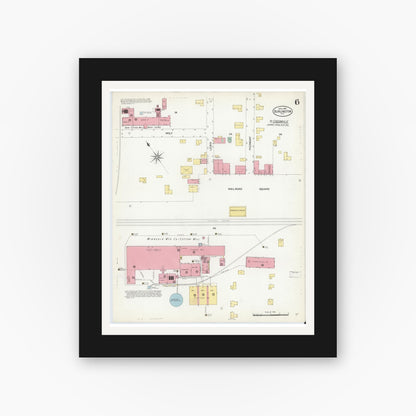 Old map wall art mockup — black gallery frame with white mat — Sanborn Fire Insurance Map from Burlington, Alamance County, North Carolina (1908), Sheet #0006
