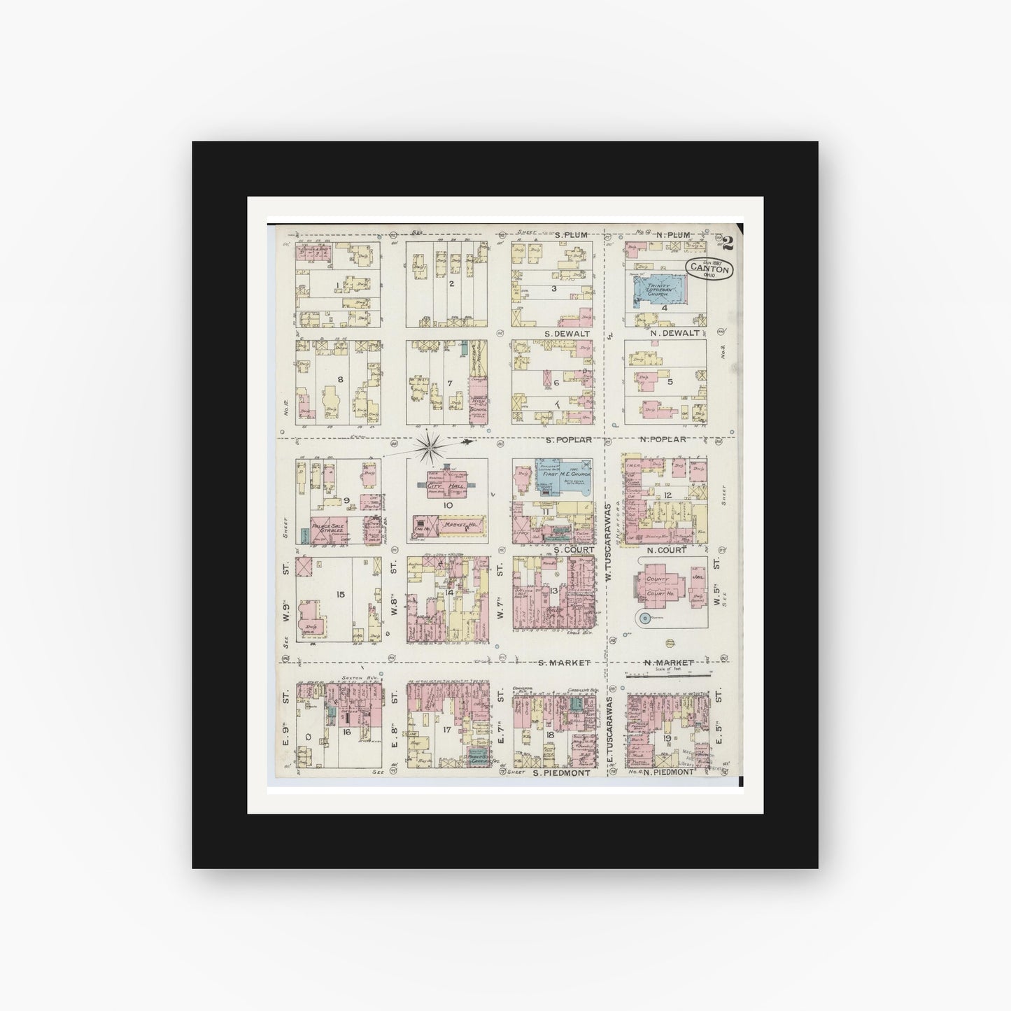 Old map wall art mockup — black gallery frame with white mat — Sanborn Fire Insurance Map from Canton, Stark County, Ohio (1887), Sheet #0002