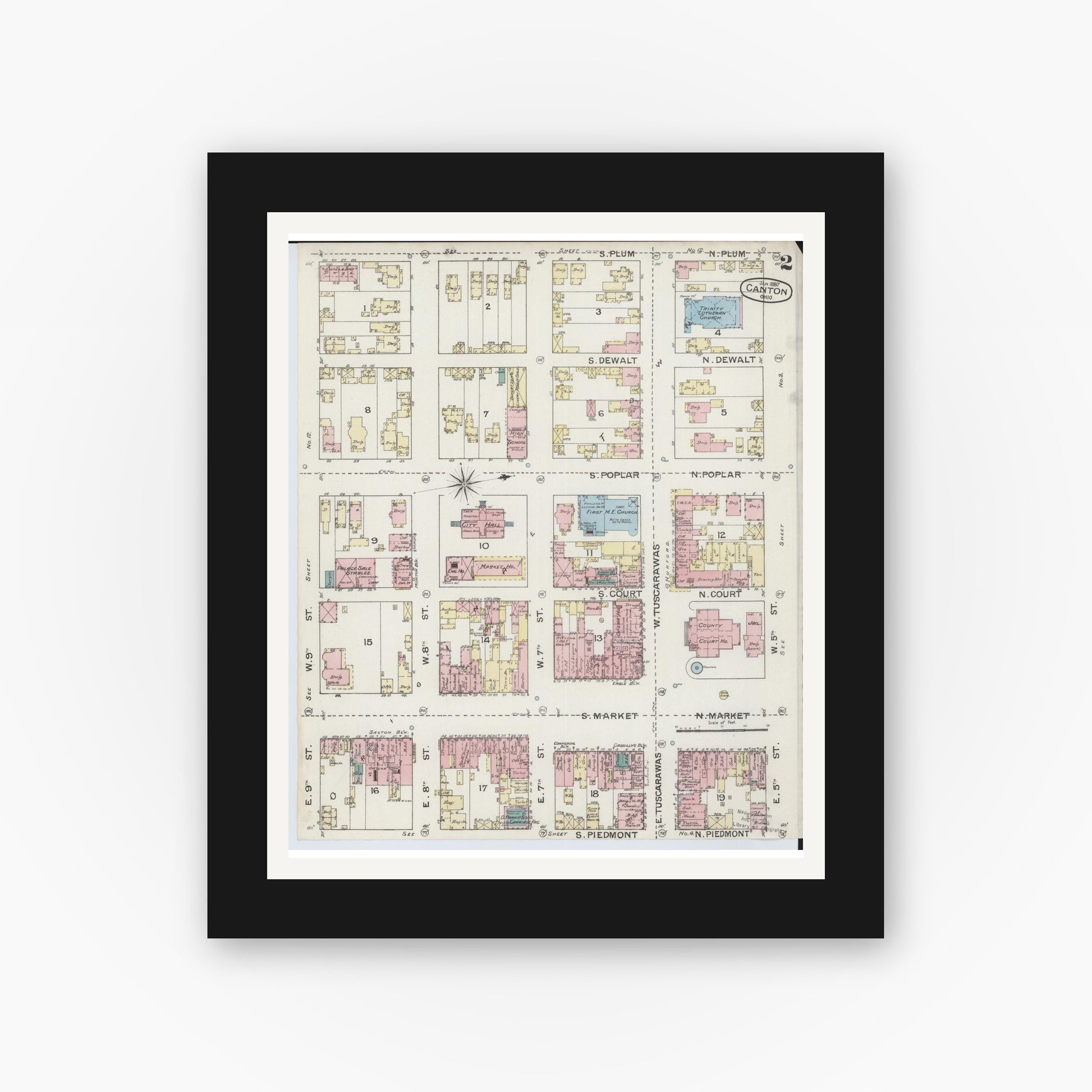 Old map wall art mockup — black gallery frame with white mat — Sanborn Fire Insurance Map from Canton, Stark County, Ohio (1887), Sheet #0002