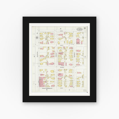Old map wall art mockup — black gallery frame with white mat — Sanborn Fire Insurance Map from Columbus, Bartholomew County, Indiana (1898), Sheet #0009