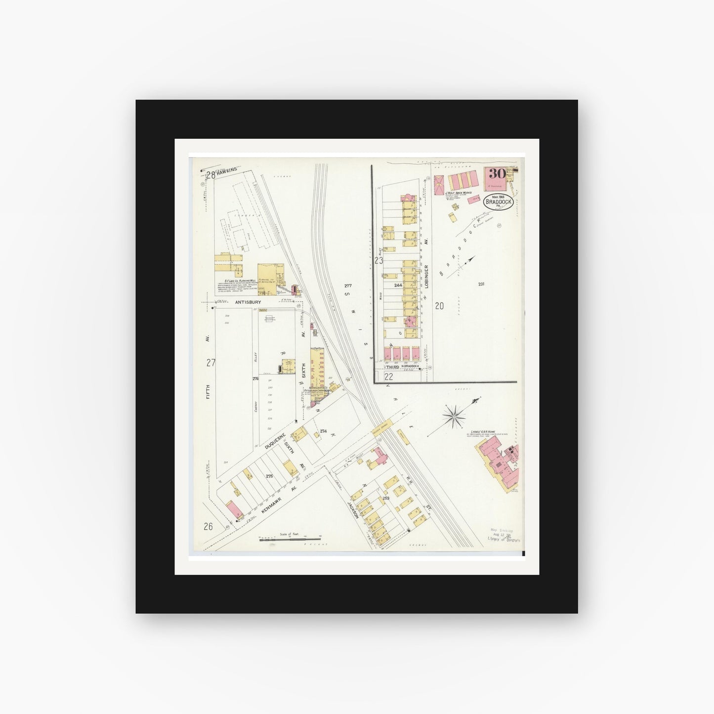 Old map wall art mockup — black gallery frame with white mat — Sanborn Fire Insurance Map from Braddock, Allegheny County, Pennsylvania (1908), Sheet #0030