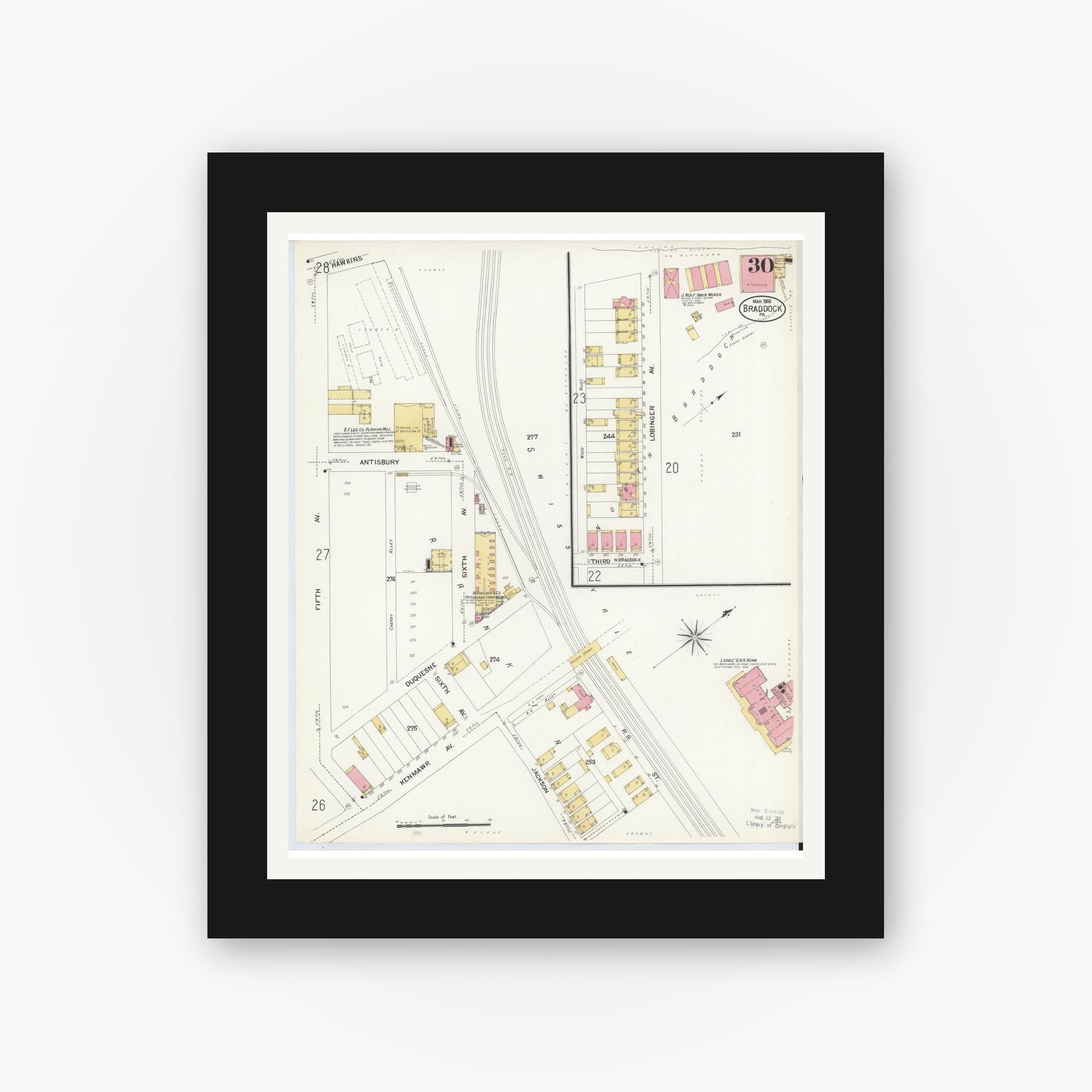 Old map wall art mockup — black gallery frame with white mat — Sanborn Fire Insurance Map from Braddock, Allegheny County, Pennsylvania (1908), Sheet #0030