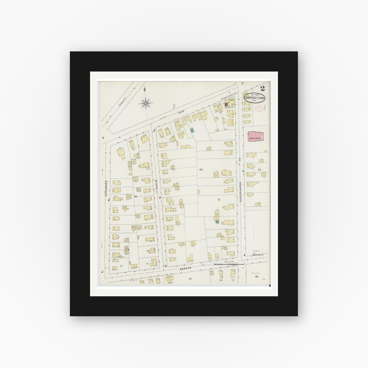 Old map wall art mockup — black gallery frame with white mat — Sanborn Fire Insurance Map from Cooperstown, Otsego County, New York (1894) - Complete Map Set