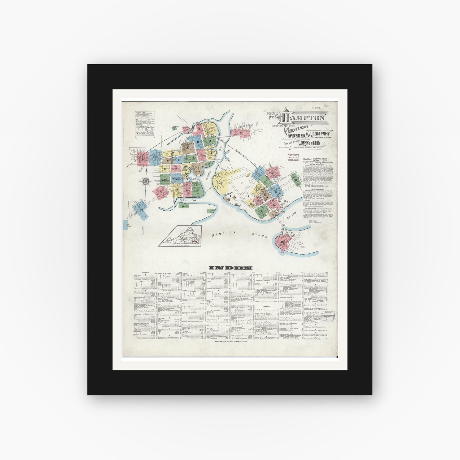 Old map wall art mockup — black gallery frame with white mat — Sanborn Fire Insurance Map from Hampton, Independent Cities, Virginia (1916) - Complete Map Set