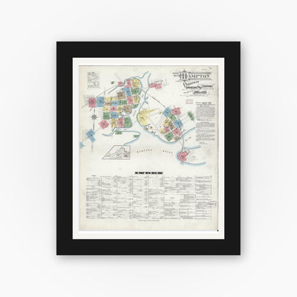 Old map wall art mockup — black gallery frame with white mat — Sanborn Fire Insurance Map from Hampton, Independent Cities, Virginia (1916) - Complete Map Set