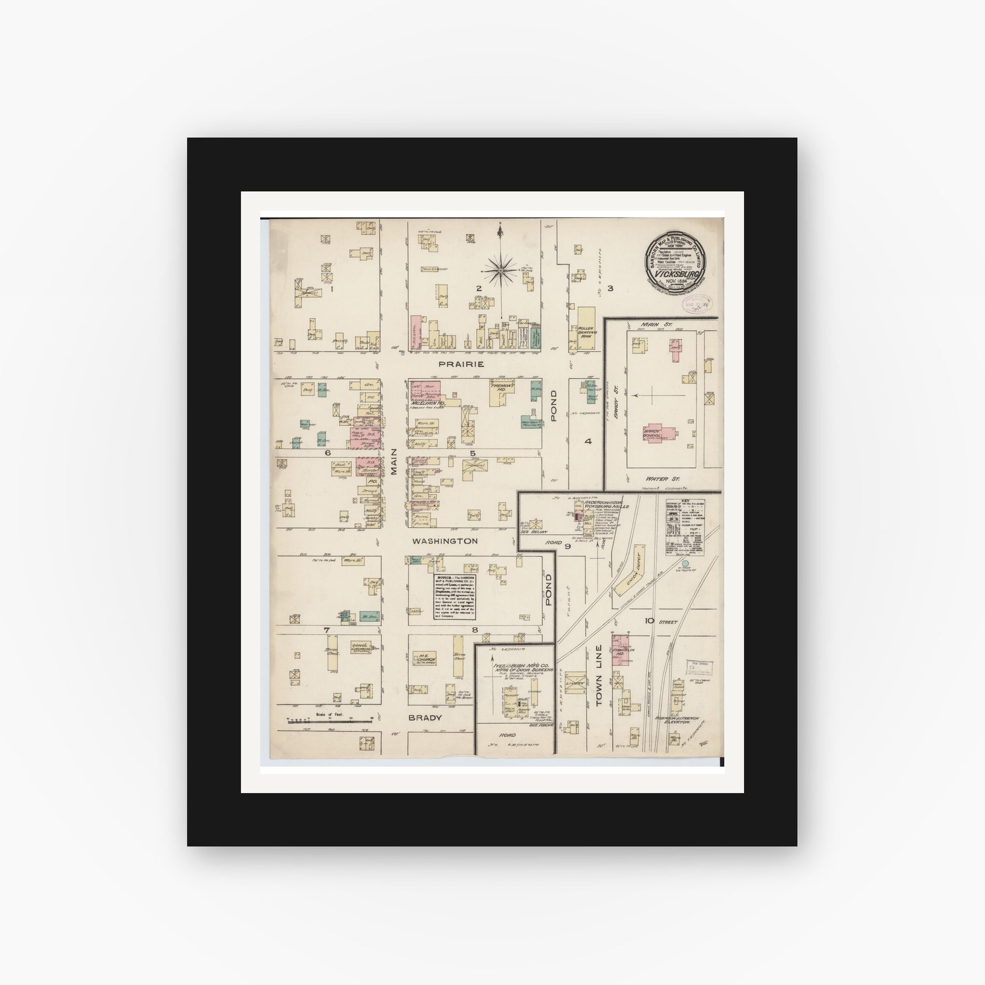 Old map wall art mockup — black gallery frame with white mat — Sanborn Fire Insurance Map from Vicksburg, Kalamazoo County, Michigan (1884), Sheet #0001