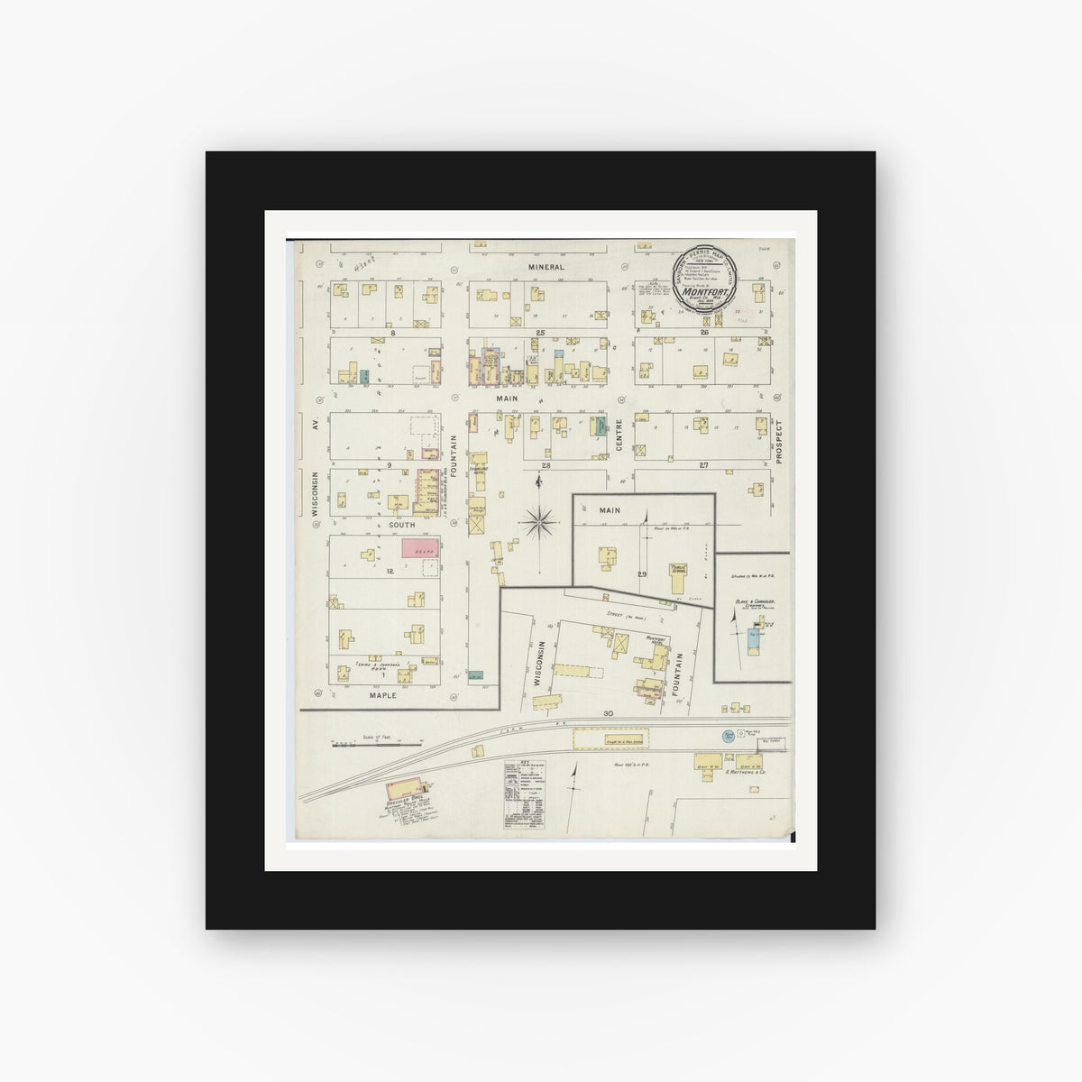 Old map wall art mockup — black gallery frame with white mat — Sanborn Fire Insurance Map from Montfort, Grant County, Wisconsin (1894), Sheet #0001