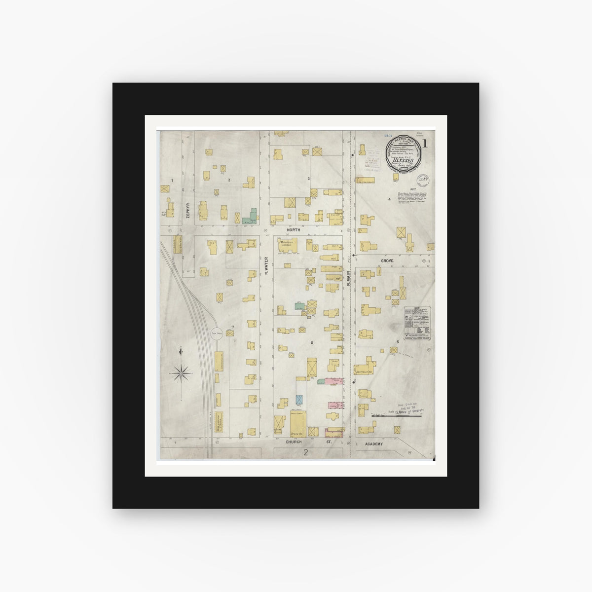 Old map wall art mockup — black gallery frame with white mat — Sanborn Fire Insurance Map from Ulysses, Potter County, Pennsylvania (1900) - Complete Map Set