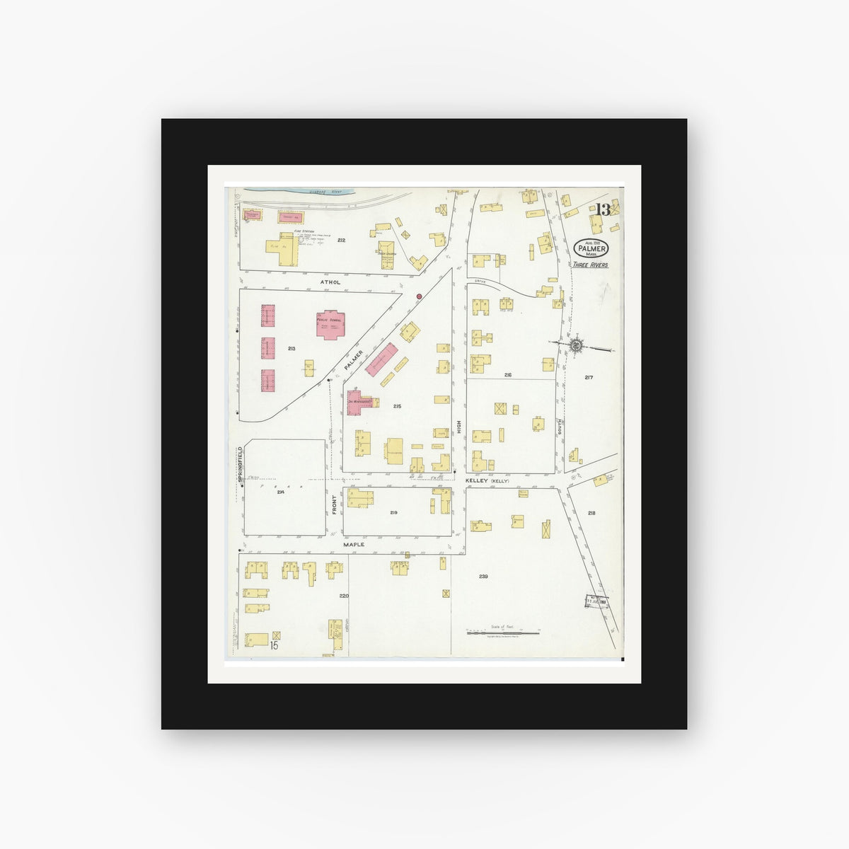 Old map wall art mockup — black gallery frame with white mat — Sanborn Fire Insurance Map from Palmer, Hampden County, Massachusetts (1918), Sheet #0013