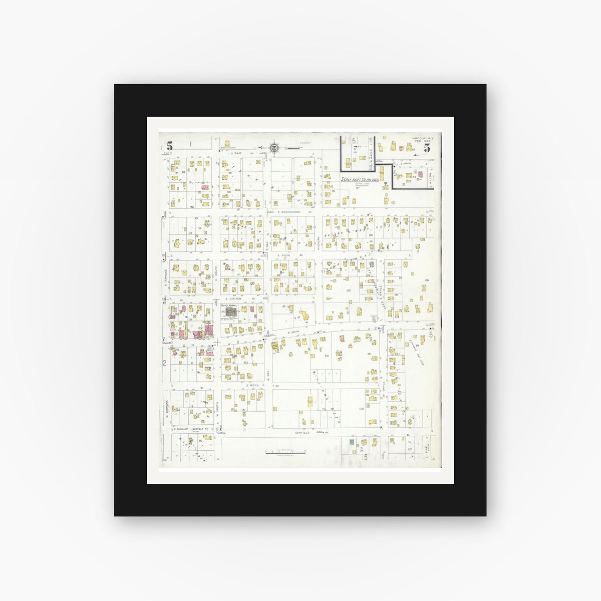 Old map wall art mockup — black gallery frame with white mat — Sanborn Fire Insurance Map from Viroqua, Vernon County, Wisconsin (1933), Sheet #0005