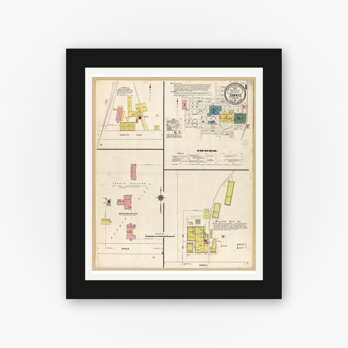 Old map wall art mockup — black gallery frame with white mat — Sanborn Fire Insurance Map from Tarkio, Atchison County, Missouri (1911), Sheet #0001