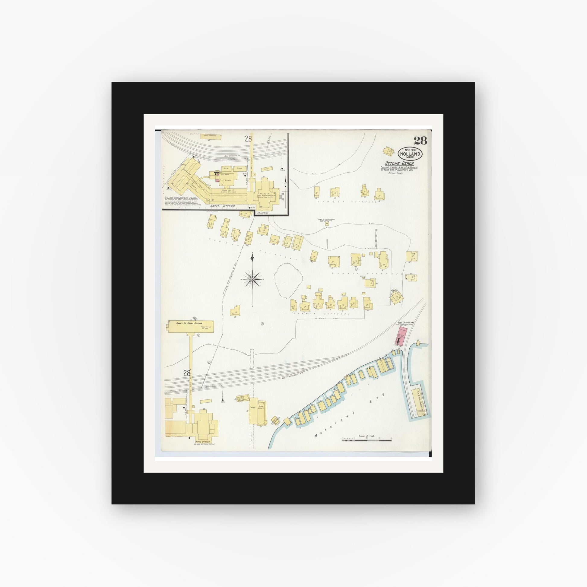 Old map wall art mockup — black gallery frame with white mat — Sanborn Fire Insurance Map from Holland, Ottawa County, Michigan (1908), Sheet #0028