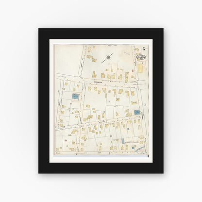 Old map wall art mockup — black gallery frame with white mat — Sanborn Fire Insurance Map from Holliston, Middlesex County, Massachusetts (1942), Sheet #0005