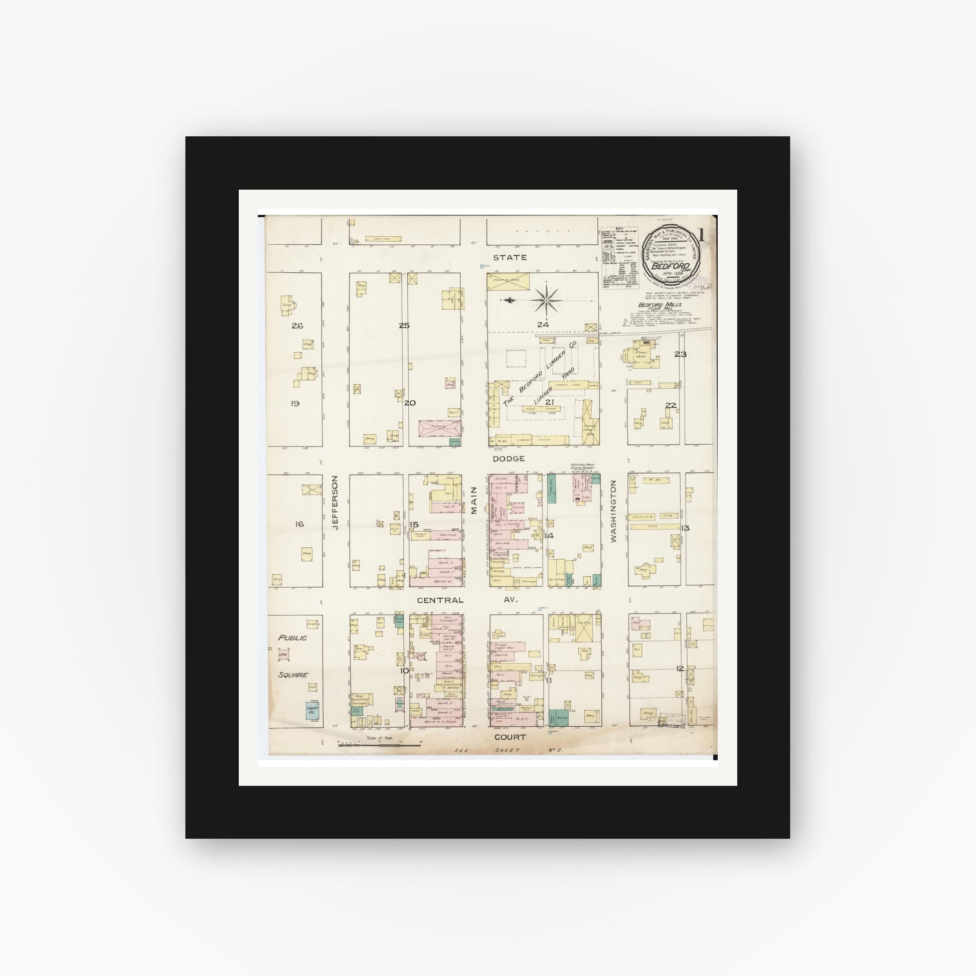 Old map wall art mockup — black gallery frame with white mat — Sanborn Fire Insurance Map from Bedford, Taylor County, Iowa (1886) â€” Complete Set