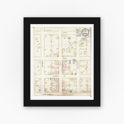 Old map wall art mockup — black gallery frame with white mat — Sanborn Fire Insurance Map from Bedford, Taylor County, Iowa (1886) â€” Complete Set