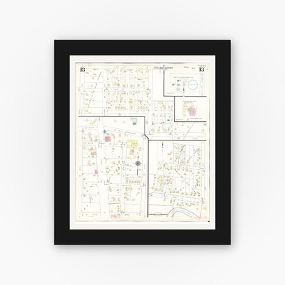 Old map wall art mockup — black gallery frame with white mat — Sanborn Fire Insurance Map from Spencer, Clay County, Iowa (1946), Sheet #0013