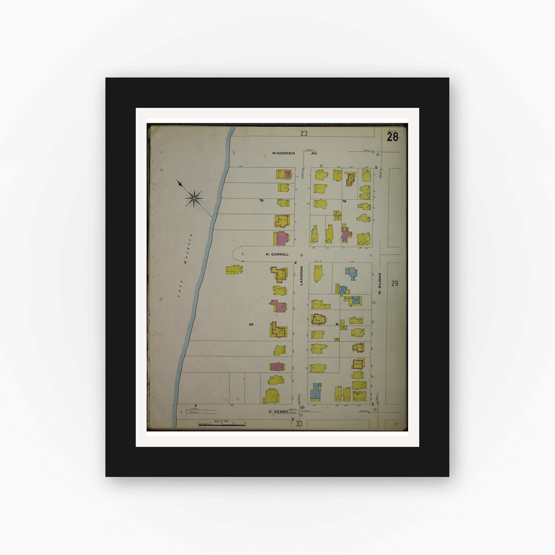 Old map wall art mockup — black gallery frame with white mat — Sanborn Fire Insurance Map from Madison, Dane County, Wisconsin (1908), Sheet #0028