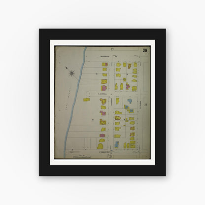Old map wall art mockup — black gallery frame with white mat — Sanborn Fire Insurance Map from Madison, Dane County, Wisconsin (1908), Sheet #0028